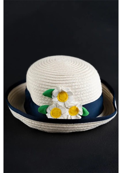 Kız Çocuk Lacivert Şeritli Papatya Detaylı Fötr Şapka