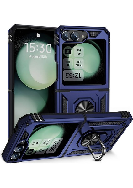 Samsung Galaxy Z Flip 6 Kılıf Magnetik Stand Olabilen Kamera Korumalı Kapak - Lacivert