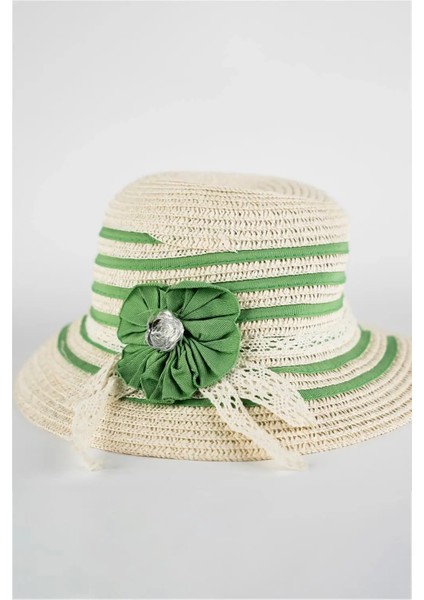 Kız Çocuk Krem Yeşil Şeritli Taşlı Çiçek Detaylı Yazlık Fötr Şapka