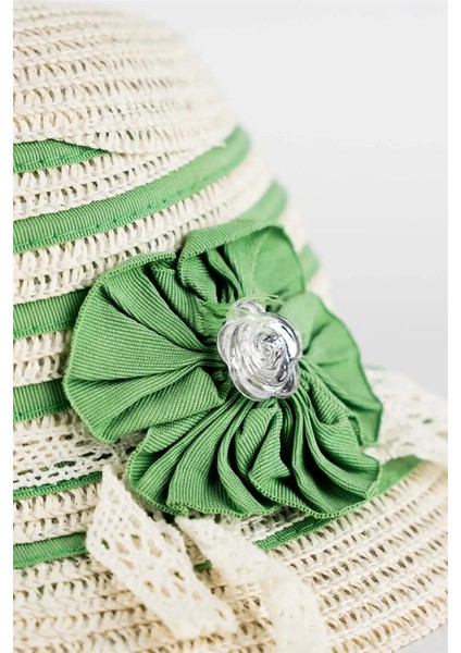 Kız Çocuk Krem Yeşil Şeritli Taşlı Çiçek Detaylı Yazlık Fötr Şapka fiyatları