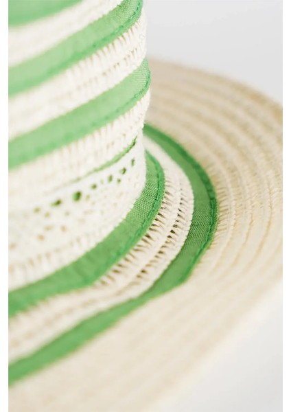 Kız Çocuk Krem Yeşil Şeritli Taşlı Çiçek Detaylı Yazlık Fötr Şapka modelleri