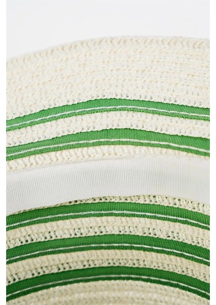 Kız Çocuk Krem Yeşil Şeritli Taşlı Çiçek Detaylı Yazlık Fötr Şapka fırsatları
