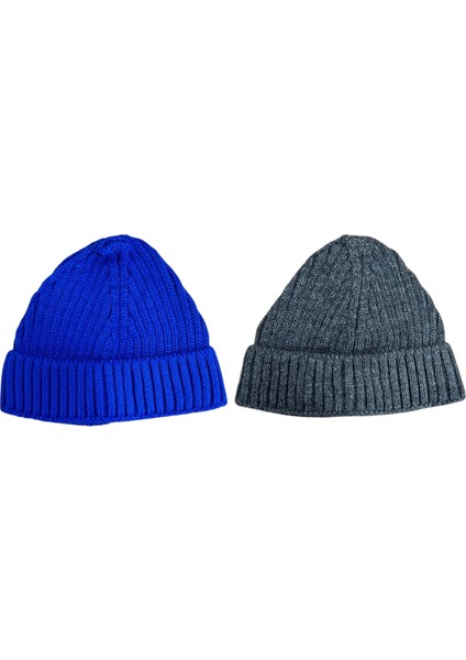 2'li Unisex Triko Kısa Mavi ve Gri Renkli Takke Bereler