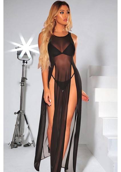 Aria's Closet Siyah Yanlardan Yırtmaçlı Uzun Gecelik