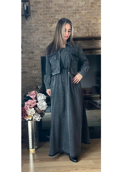 Premium Denim Kot Jile Elbise ve Ceket Ikili Takım Ikili Denim Ceket Elbise Takım modelleri