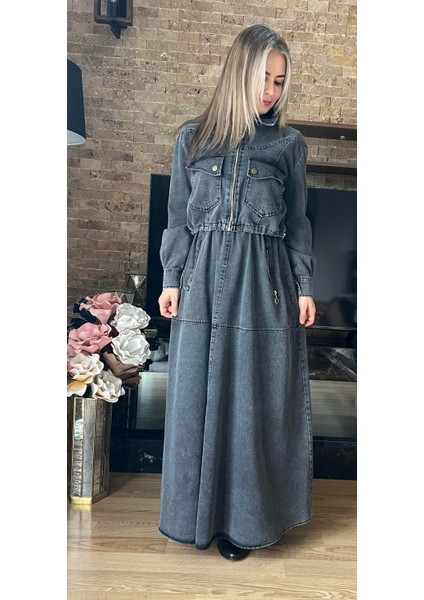 Premium Denim Kot Jile Elbise ve Ceket Ikili Takım Ikili Denim Ceket Elbise Takım fırsatları