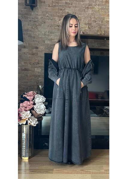 Premium Denim Kot Jile Elbise ve Ceket Ikili Takım Ikili Denim Ceket Elbise Takım indirimleri