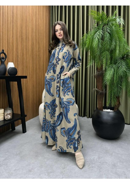 Desenli Oversize Keten Elbise Tesettür Uyumlu Keten Dokuma Elbise (1 beden küçük tercih ediniz) modelleri