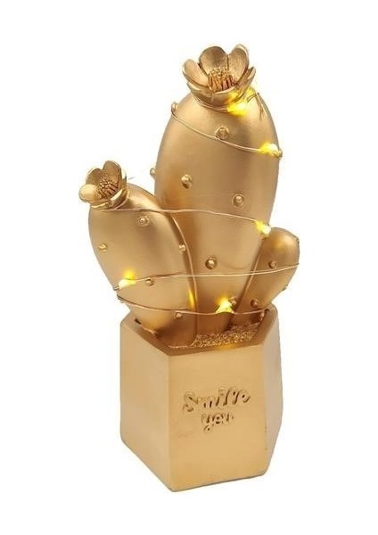 LED Işıklı Sevimli Kaktüs Dekoratif Masa Lambası Mini Biblo Gece Lambası Gold