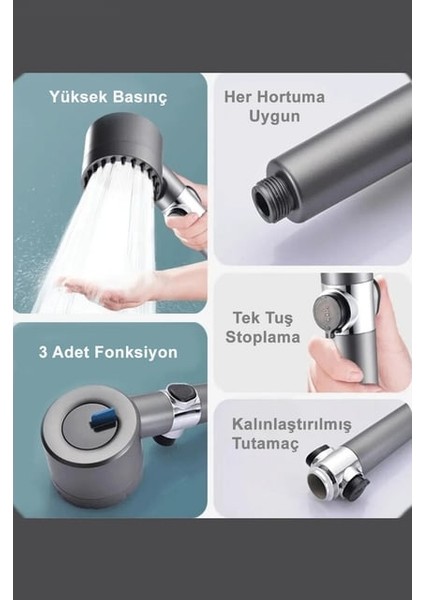 Start Stop Tuşlu 3 Fonksiyonlu Basınçlı Filtreli Masajlı Gri Lüks Duş Başlığı