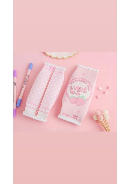 Kawaii Çilekli Strawberry Pembe Kalemlik Kalem Kutu Makyaj Çantası Doğum Günü Karne H