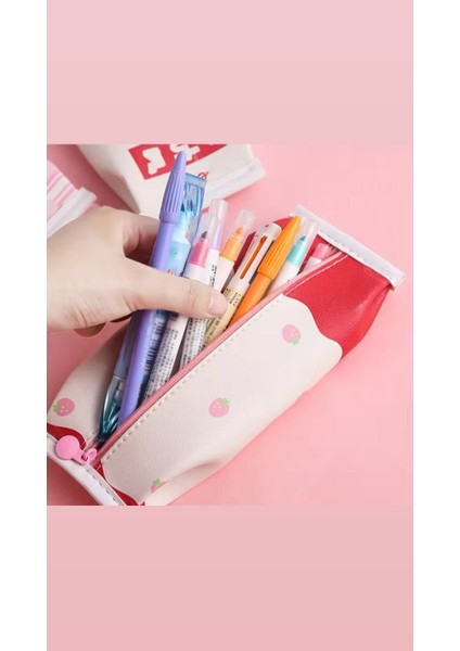Kawaii Çilekli Strawberry Pembe Kalemlik Kalem Kutu Makyaj Çantası Doğum Günü Karne H