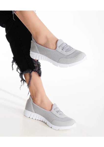 Kadın Taş Gri Beyaz Memory Hafızalı Ortopedik Hafif Bağcıksız Rahat Yürüyüş Anne Günlük Bez Spor Ayakkabı
