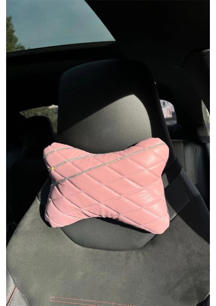 Pudra Kapitone Deri Gümüş Taş Şeritli Boyun Yastığı