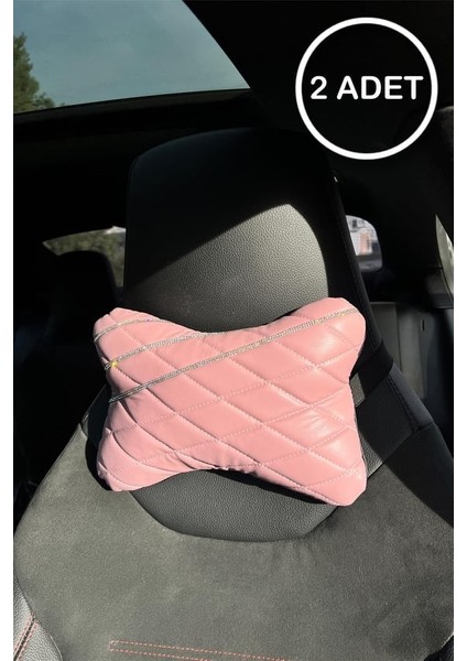 Pudra Kapitone Deri Gümüş Taş Şeritli Boyun Yastığı 2 Adet