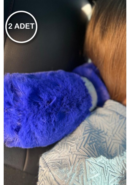 Saks Mavi Kürk Gümüş Taş Şeritli Boyun Yastığı 2 Adet