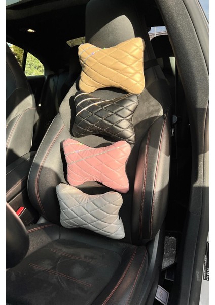 Krem Kapitone Deri Gümüş Taş Şeritli Boyun Yastığı modelleri