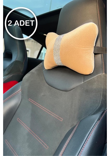Krem Düz Kadife Gümüş Dik Şeritli Boyun Yastığı 2 Adet