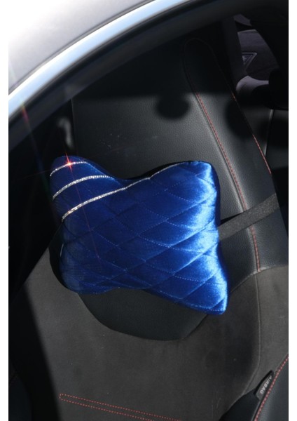 Saks Mavi Kapitone Gümüş Taş Şeritli Boyun Yastığı