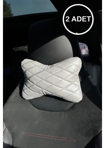 Gümüş Gri Kapitone Deri Gümüş Taş Şeritli Boyun Yastığı 2 Adet