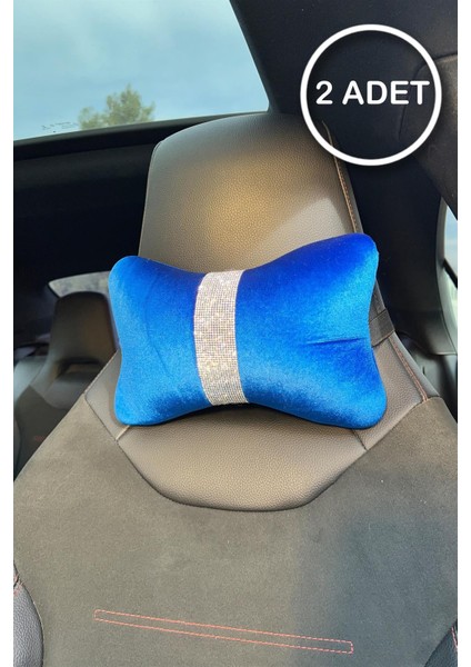 Saks Mavi Düz Kadife Gümüş Dik Şeritli Boyun Yastığı 2 Adet
