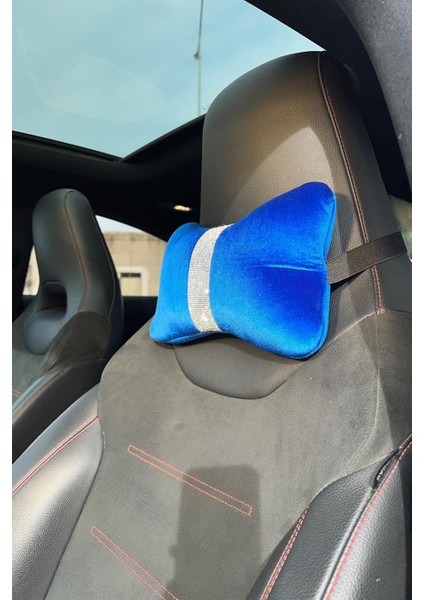 Saks Mavi Düz Kadife Gümüş Dik Şeritli Boyun Yastığı 2 Adet fiyatları