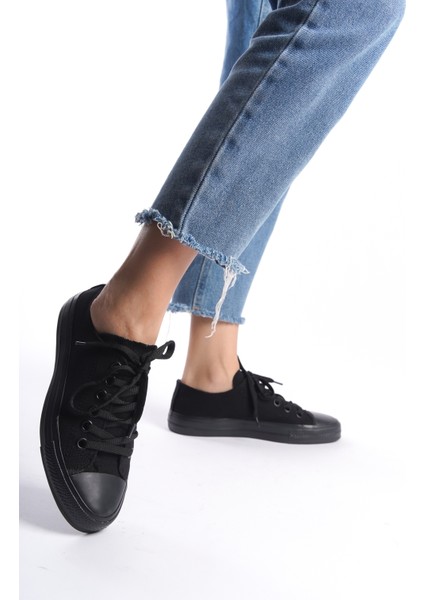 Siyah Kadın Kısa Keten Spor Ayakkabı Günlük Sneakers Cnv7