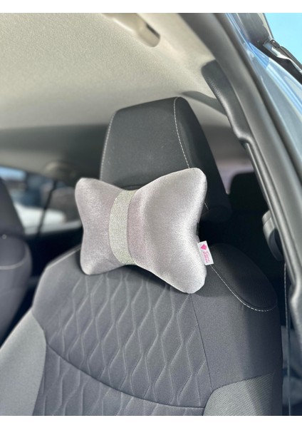 Gri Düz Kadife Gümüş Dik Şeritli Boyun Yastığı 2 Adet