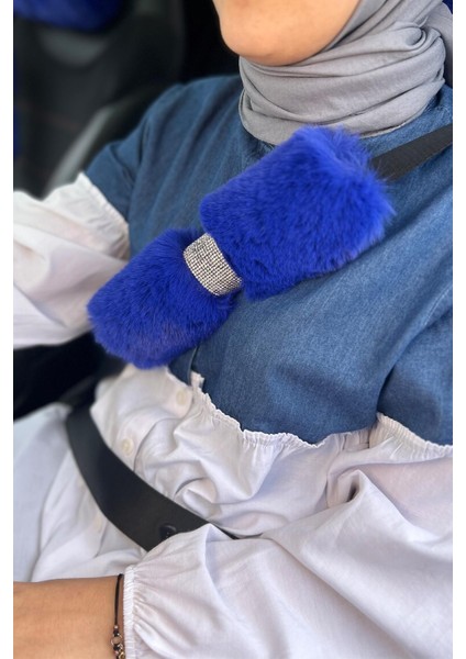 Saks Mavi Kürk Gümüş Taş Şeritli Kemer Konforu