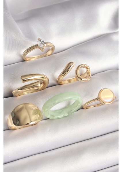 Pirinç Gold Renk Zirkon Taşlı Işleme Plaka Figürlü Beyaz Daire Mine Detaylı 6'lı Kadın Yüzük Seti - TJ-BYK3633