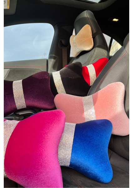 Fuşya Düz Kadife Gümüş Dik Şeritli Boyun Yastığı 2 Adet modelleri