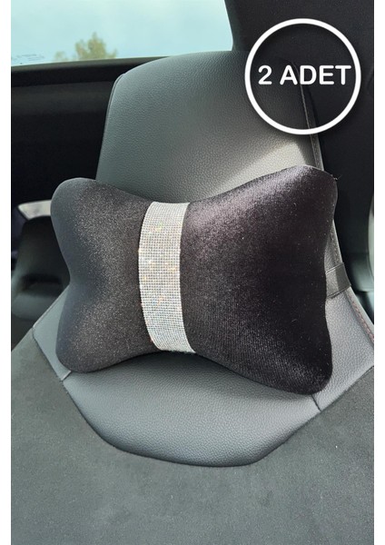 Siyah Düz Kadife Gümüş Dik Şeritli Boyun Yastığı 2 Adet