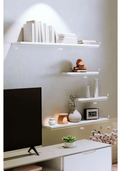 4lü 100 cm 80 cm 30 cm Mat Beyaz Mdf Uçan Gizli Bağlantı Dekoratif Duvar Rafı Kitaplık Tv Ünitesi