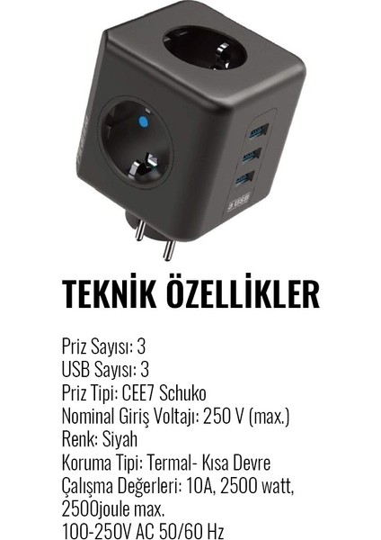Isıya Dayanıklı Termal, Akım Korumalı 16A 4000W, 3xusb, 2.1 A, 3 Priz, Çocuk Korumalı Çoklu Küp Priz