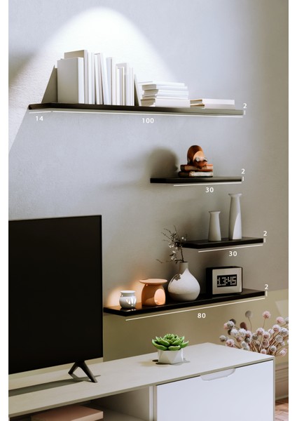 4lü 100 cm 80 cm 30 cm Mat Siyah Mdf Uçan Gizli Bağlantı Dekoratif Duvar Rafı Kitaplık Tv Ünitesi