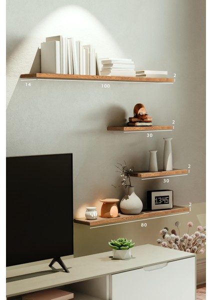 4lü 100 cm 80 cm 30 cm Safir Meşe Mdf Uçan Gizli Bağlantı Dekoratif Duvar Rafı Kitaplık Tv Ünitesi