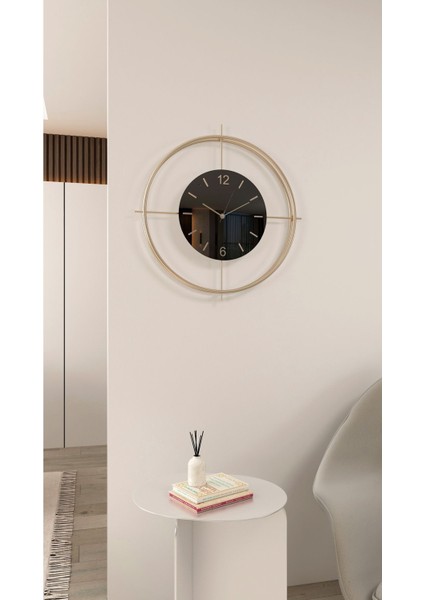 (Büyük Boy - 55*55 cm) Gold Deluxe Ledli(Pilli) - Siyah Göbek - Modern Dekoratif Metal Duvar Saati