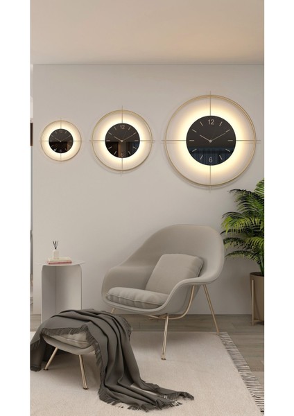 (Büyük Boy - 55*55 cm) Gold Deluxe Ledli(Pilli) - Siyah Göbek - Modern Dekoratif Metal Duvar Saati