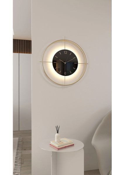 (Büyük Boy - 55*55 cm) Gold Deluxe Ledli(Pilli) - Siyah Göbek - Modern Dekoratif Metal Duvar Saati