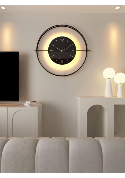 (Xxl-65*65 cm) Siyah deluxe Ledli(Pilli) -Siyah Göbek - Modern Dekoratif Metal Duvar Saati