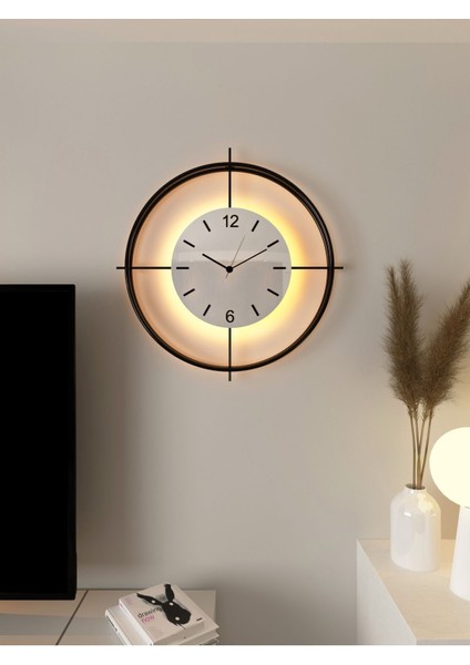 (Büyük Boy - 55*55 cm) Siyah Deluxe Ledli(Pilli) - Beyaz Göbek - Modern Dekoratif Metal Duvar Saati