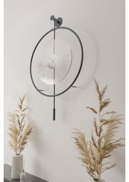 (Büyük Boy - 50*75 cm) - Antrasit Luxry Şefaf Cam Metal Dekoratif Camlı Lüx Duvar Saati