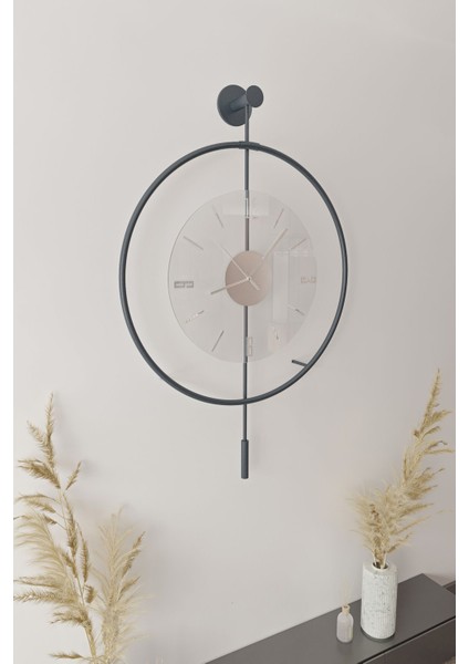(Büyük Boy - 50*75 cm) - Antrasit Luxry Şefaf Cam Metal Dekoratif Camlı Lüx Duvar Saati