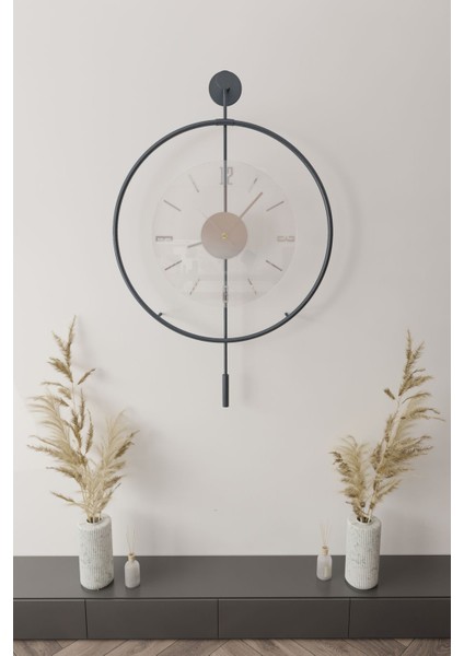 (Büyük Boy - 50*75 cm) - Antrasit Luxry Şefaf Cam Metal Dekoratif Camlı Lüx Duvar Saati