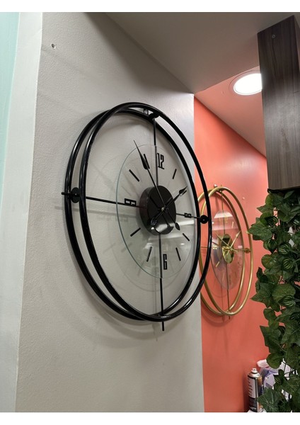 (Xxl-65*65 cm) Siyah Çiftçember Şeffaf Camlı Seri -Quartz Mekanizmalı - Modern Dekoratif Camlı Duvar Saati