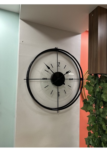 (Xxl-65*65 cm) Siyah Çiftçember Şeffaf Camlı Seri -Quartz Mekanizmalı - Modern Dekoratif Camlı Duvar Saati