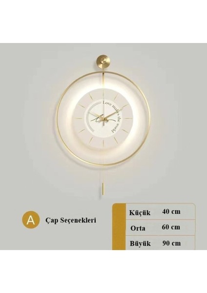 (Büyük Boy - 50*75 cm) Timelles Love Gold Led'li , Modern Dekoratif Metal Duvar Saati
