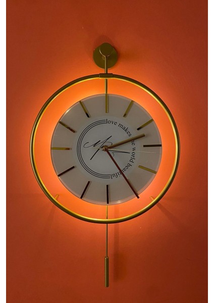 (Orta Boy 37X55 cm) -Timelles Love Gold Led'li , Modern Dekoratif Duvar Saati