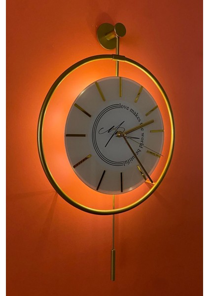 (Orta Boy 37X55 cm) -Timelles Love Gold Led'li , Modern Dekoratif Duvar Saati