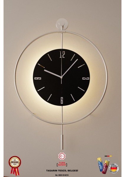 (Büyük Boy-50*75 cm)Mat Gümüşe -Siyah Kristal-Pilli Led-Modern Dekoratif Krom Cam Duvar Saati